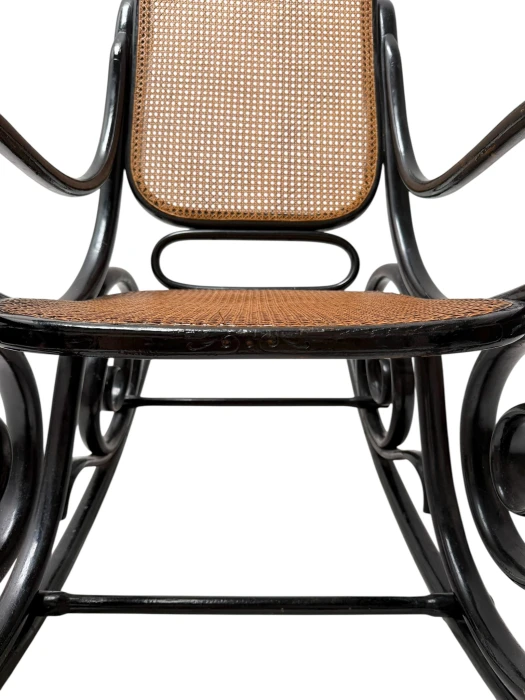 Thonet Art Nouveau Rocking Chair, Black Lacquered Beech, Wicker Seat